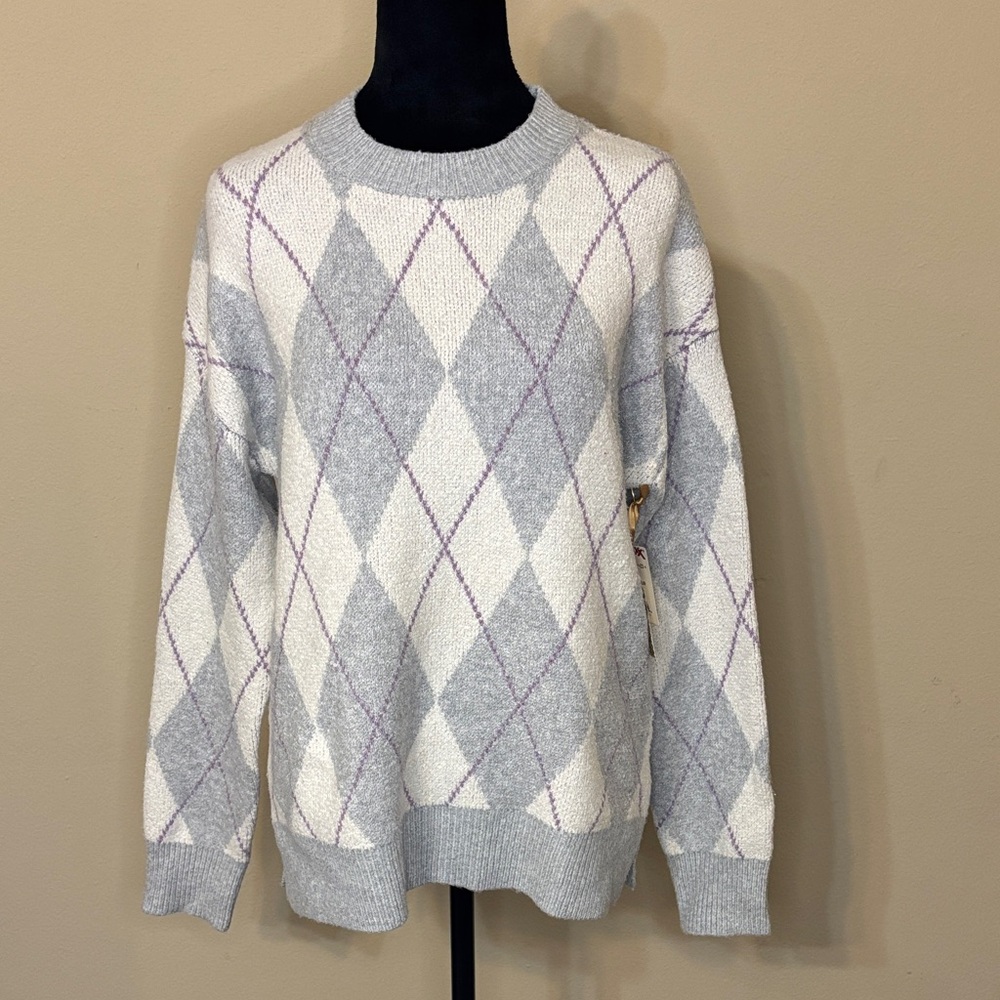 Christian Siriano Gray and Cream Argyle Knit Sweater | Small |